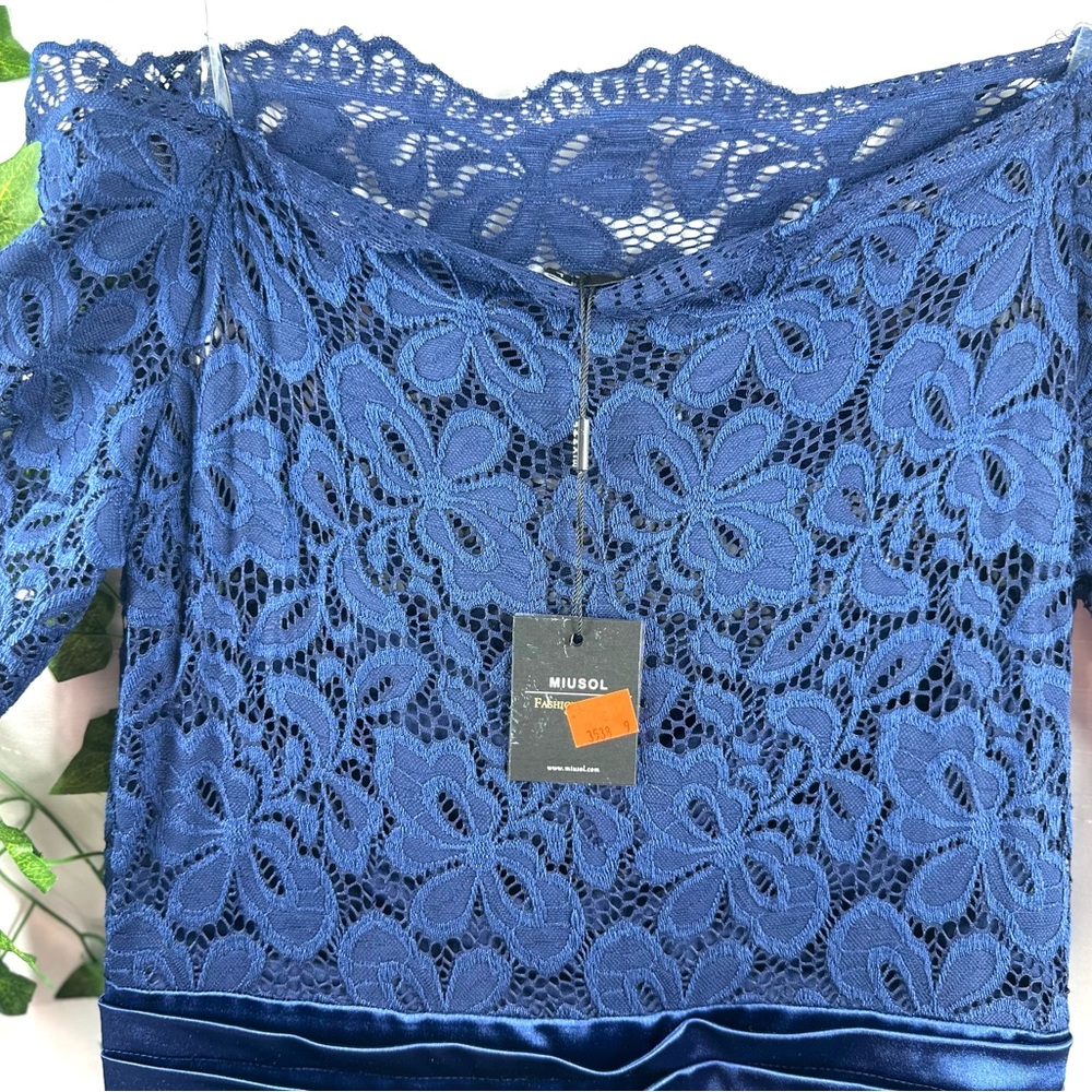 NWT Miusol Womens Lace Bodice Satin Ruched Mermaid Evening Dress Navy Blue Large - Picture 7 of 12